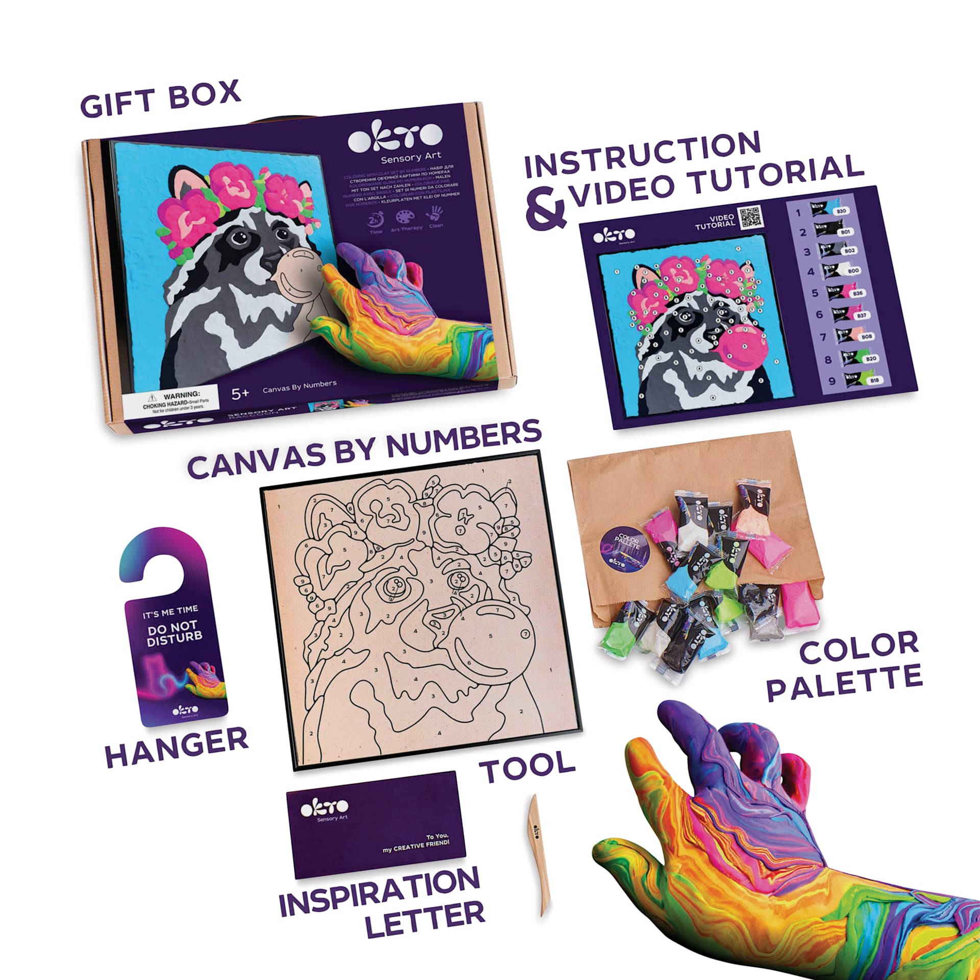 Okto Sensory Art Clay Color By Number Kit - Raccoon - labelled contents