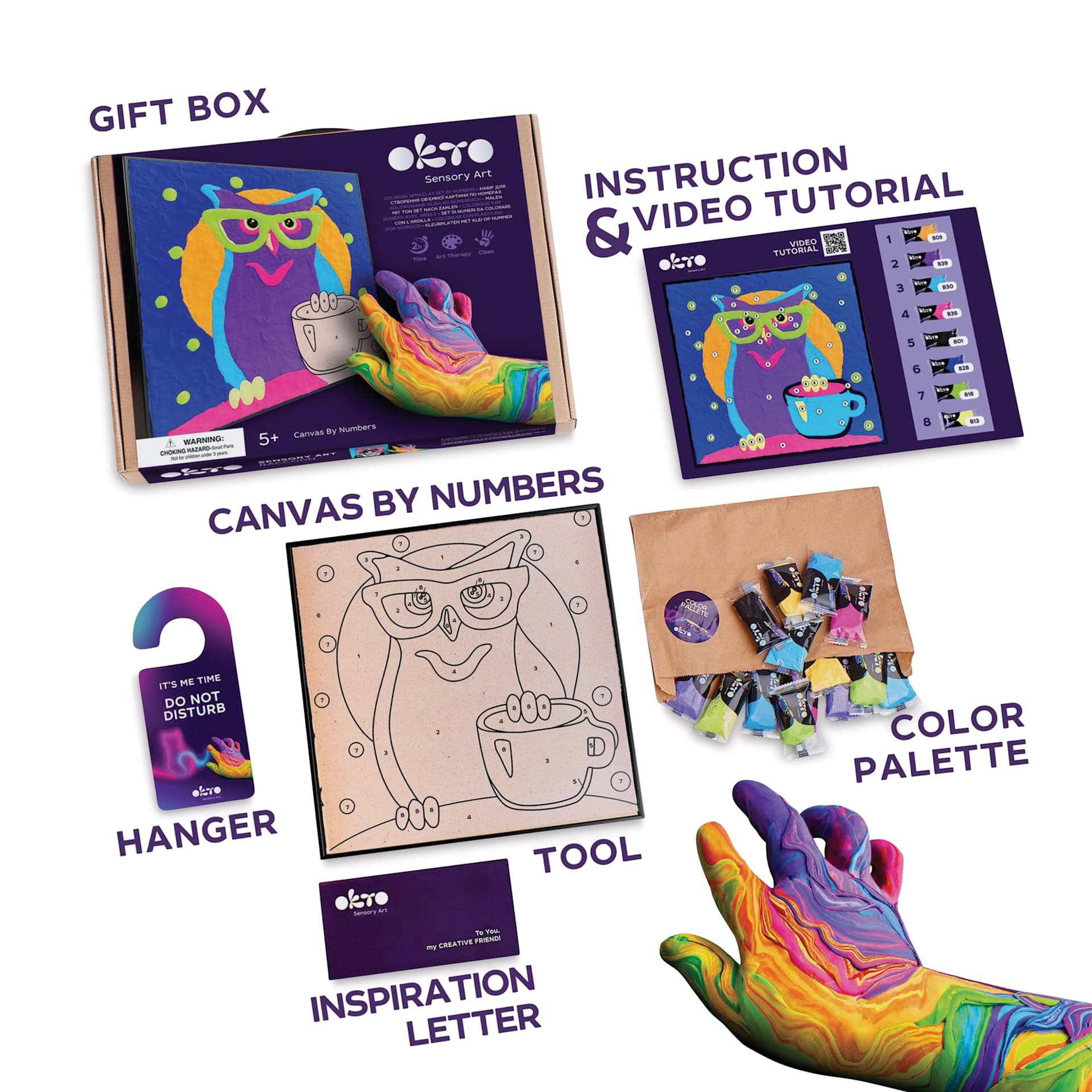 Okto Sensory Art Clay Color By Number Kit - Owl - labelled contents