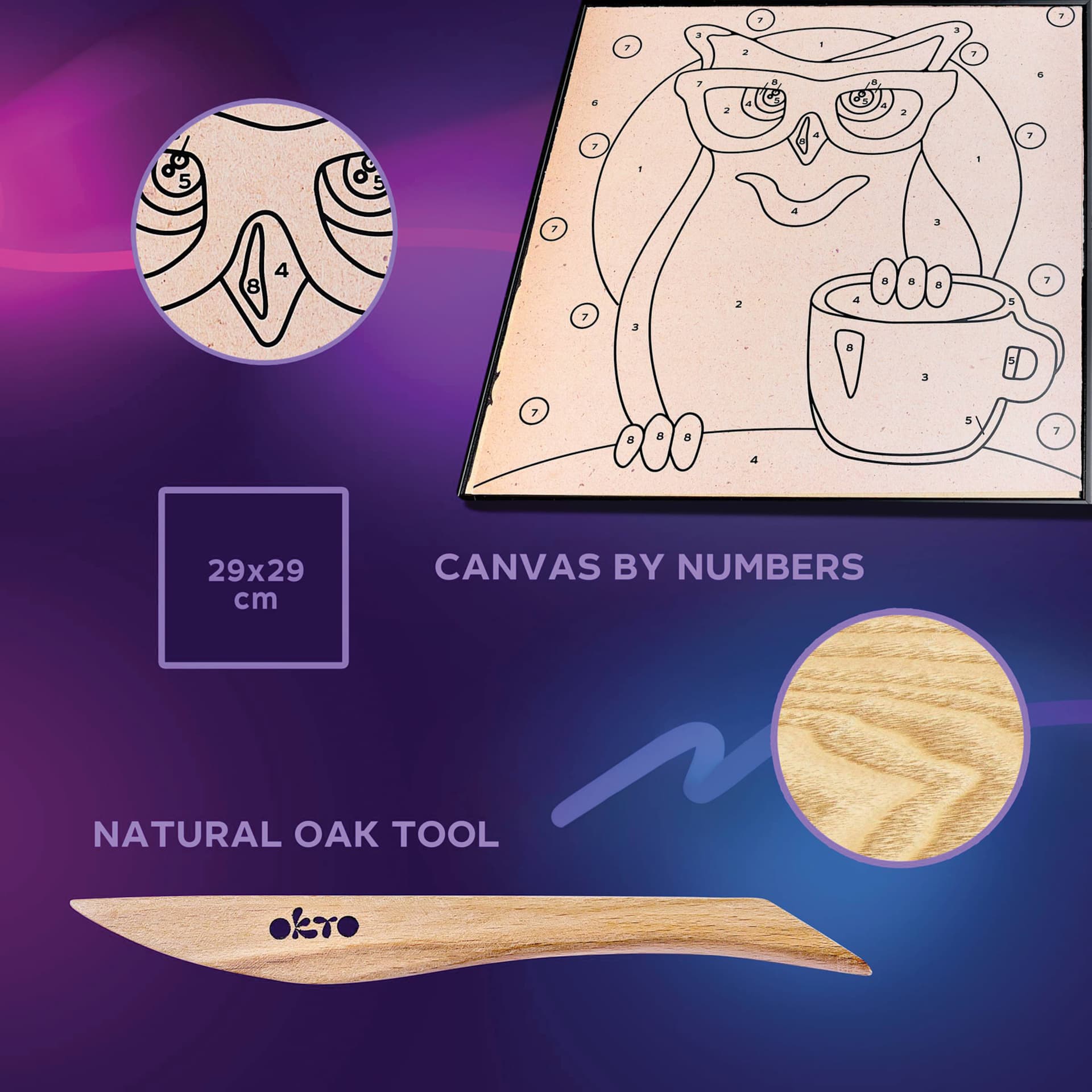 Okto Sensory Art Clay Color By Number Kit - Owl - canvas by numbers and natural oak tool