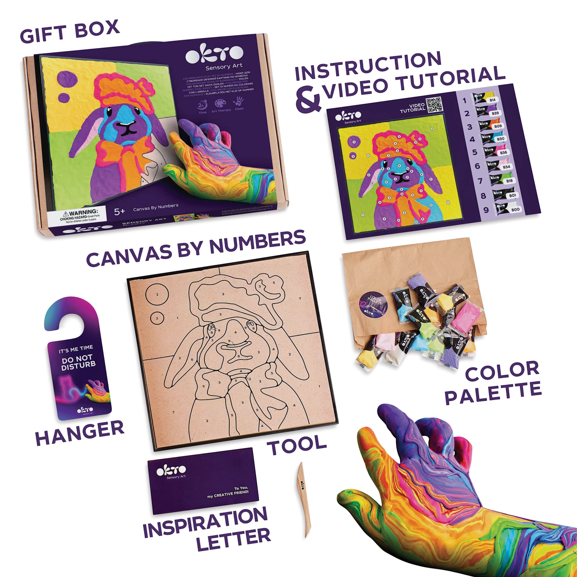 Okto Sensory Art Clay Color By Number Kit - Bunny - labelled contents