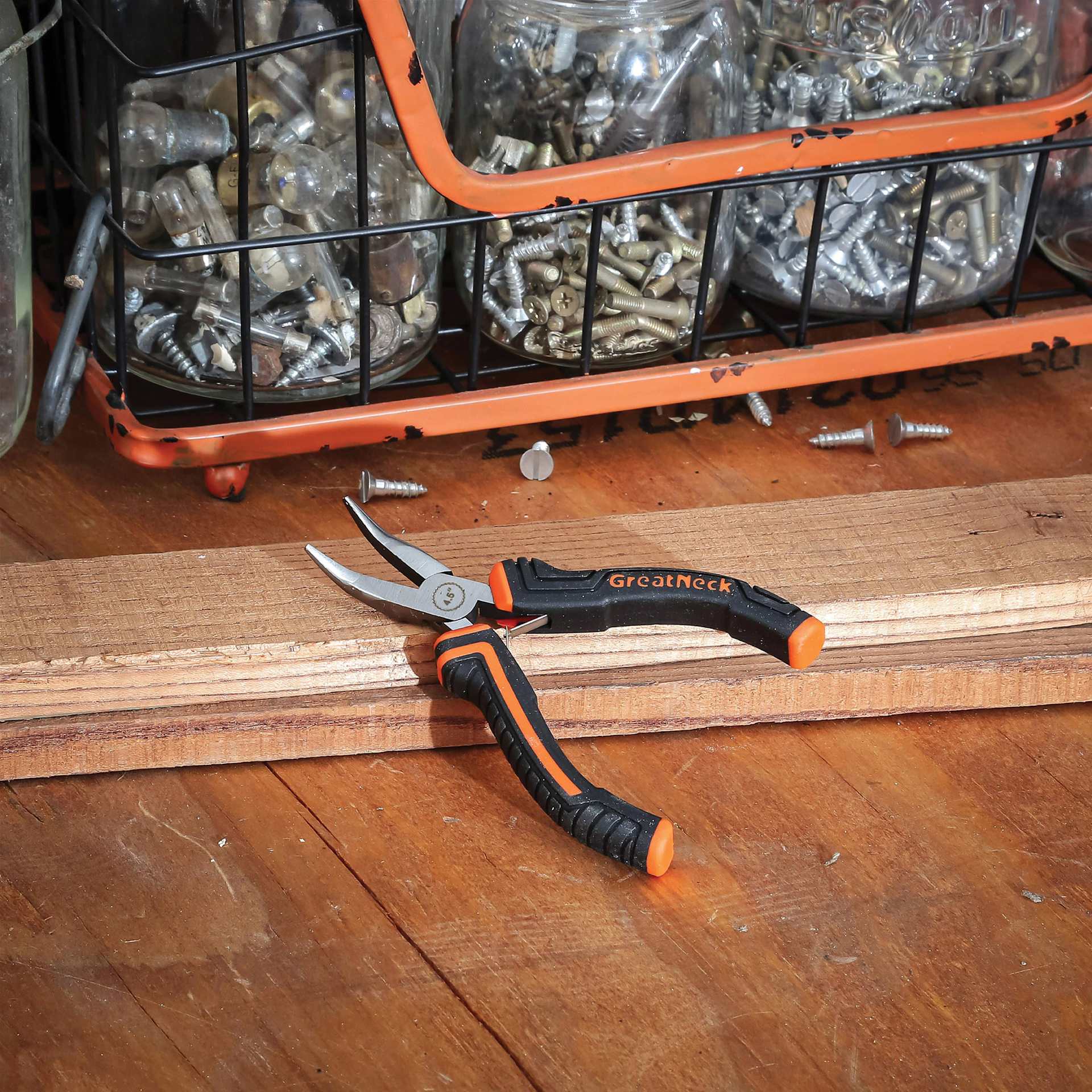 GreatNeck Bent Nose Hobby Pliers - on workbench