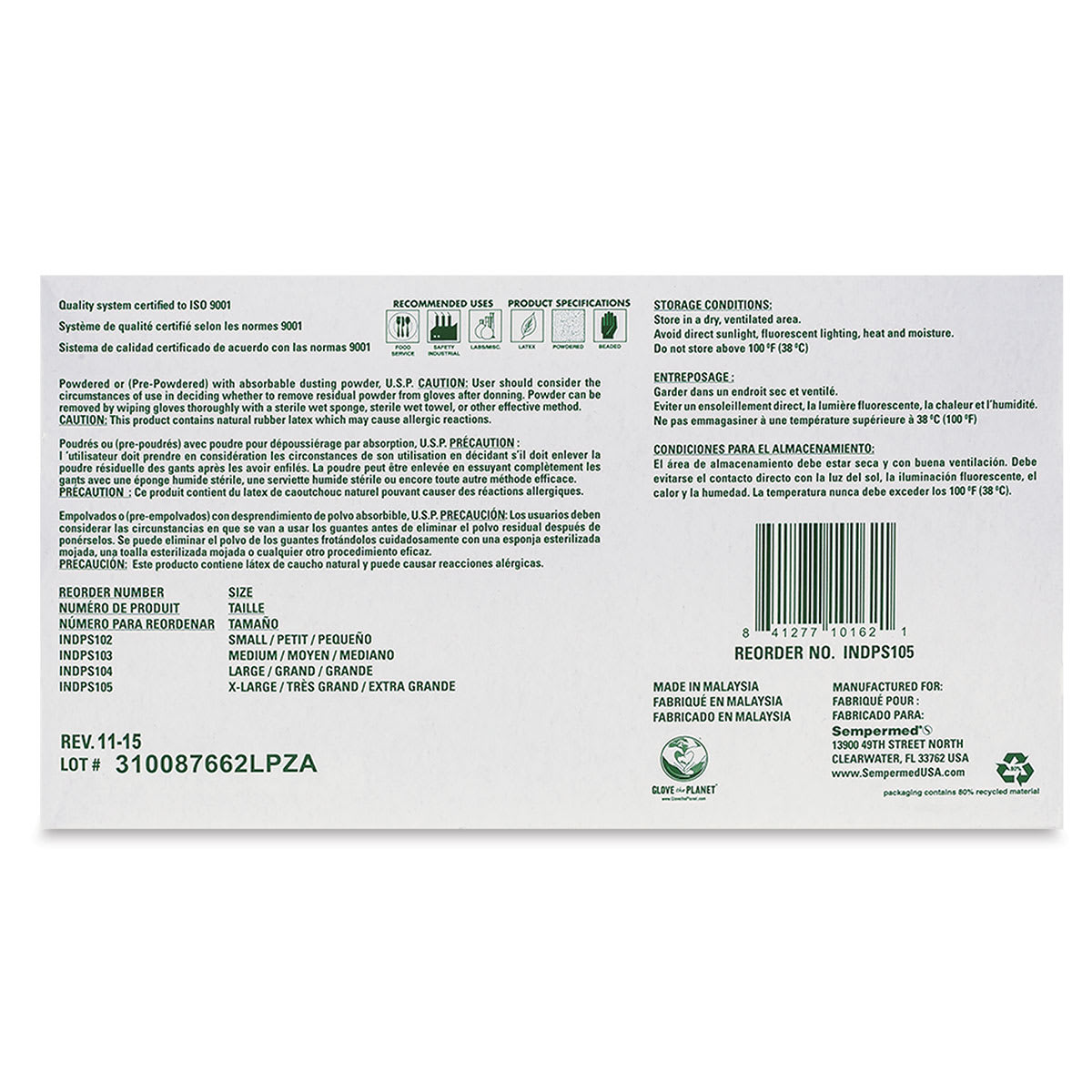 Glove Pack - Small, Latex, Powdered, Pkg of 100 - back of box