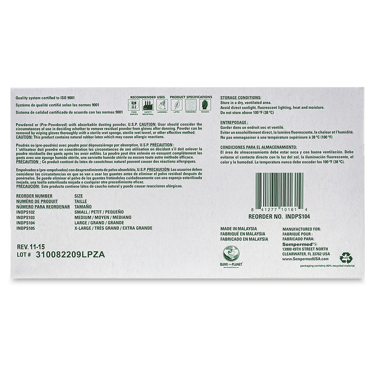 Glove Pack - Medium, Latex, Powdered, Pkg of 100 - back of box