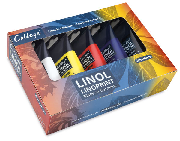 College Linoprint Set - Angled view of top of package showing 5 color set