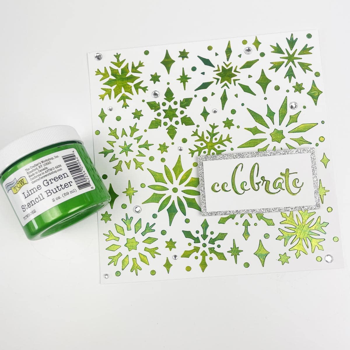 The Crafter's Workshop Stencil - Snowflake Sparkle, 6" x 6" used in design (materials not included)
