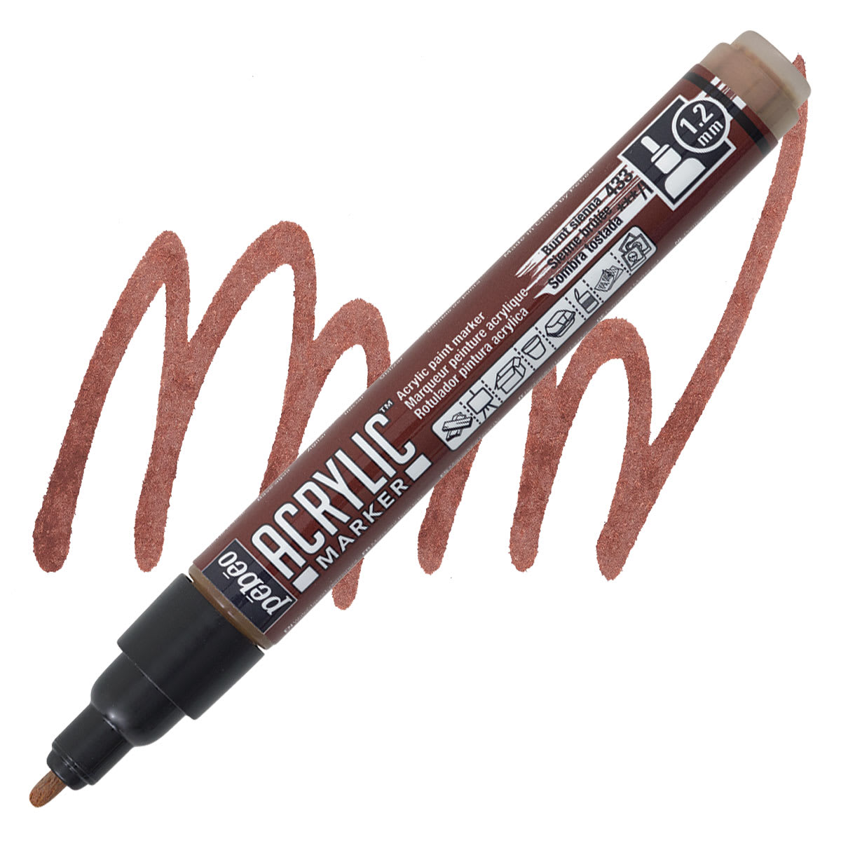Pebeo Acrylic Marker - Burnt Sienna, 1.2 mm, Bullet Nib marker and swatch
