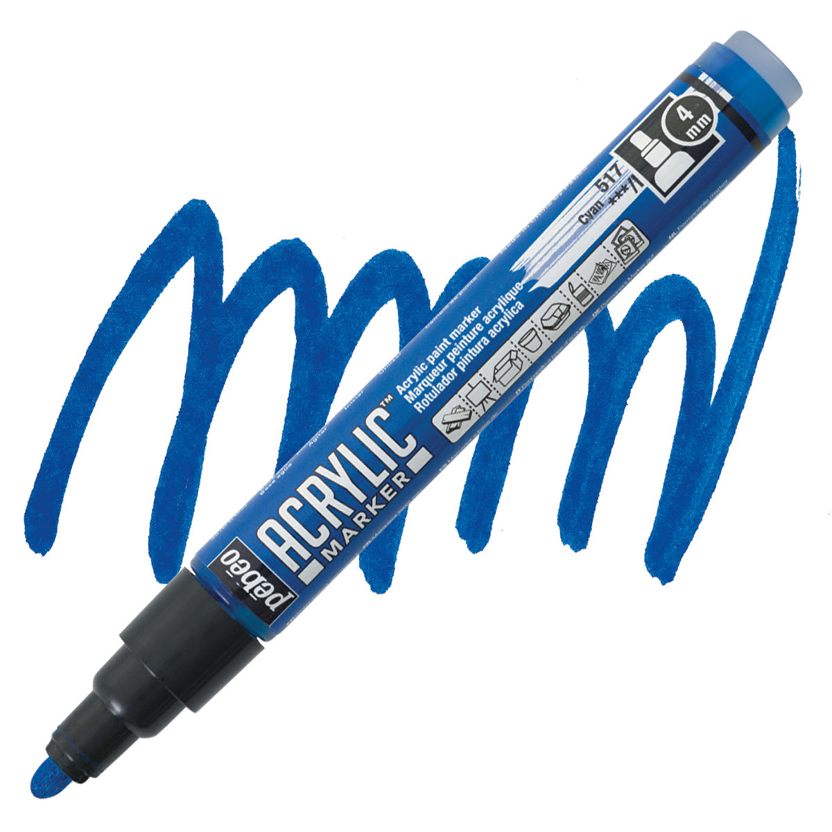 Pebeo Acrylic Marker - Cyan, 4 mm, Bullet Nib marker and swatch