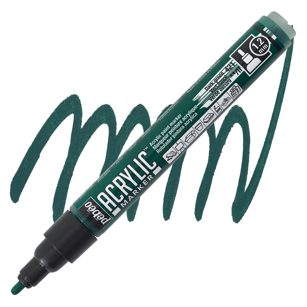 Pebeo Acrylic Marker - Dark Green, 1.2 mm, Bullet Nib marker and swatch