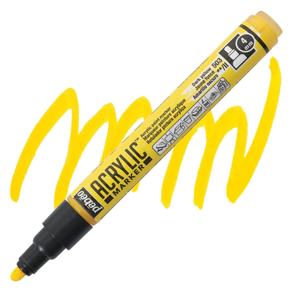 Pebeo Acrylic Marker - Dark Yellow, 4 mm, Bullet Nib marker and swatch