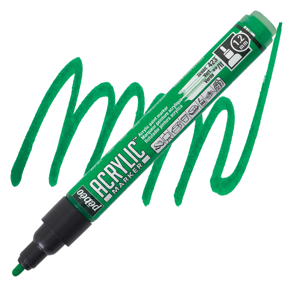 Pebeo Acrylic Marker - Green, 1.2 mm, Bullet Nib marker and swatch