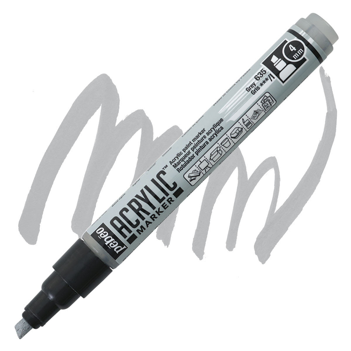 Pebeo Acrylic Marker - Grey, 4 mm, Chisel Nib marker and swatch