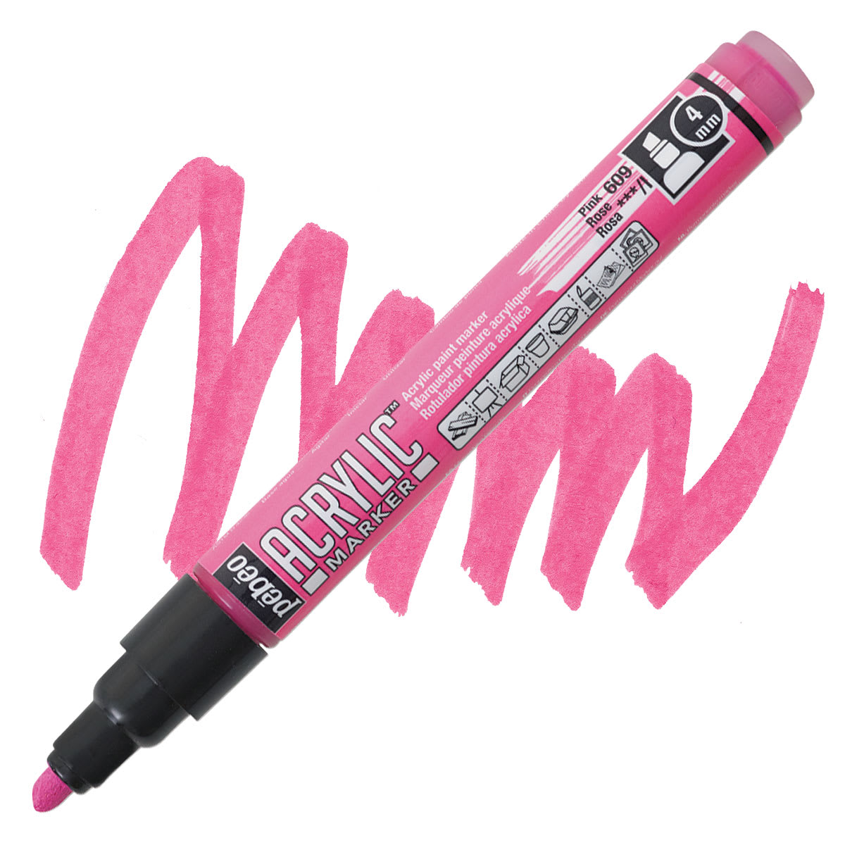 Pebeo Acrylic Marker - Pink, 4 mm, Chisel Nib marker and swatch