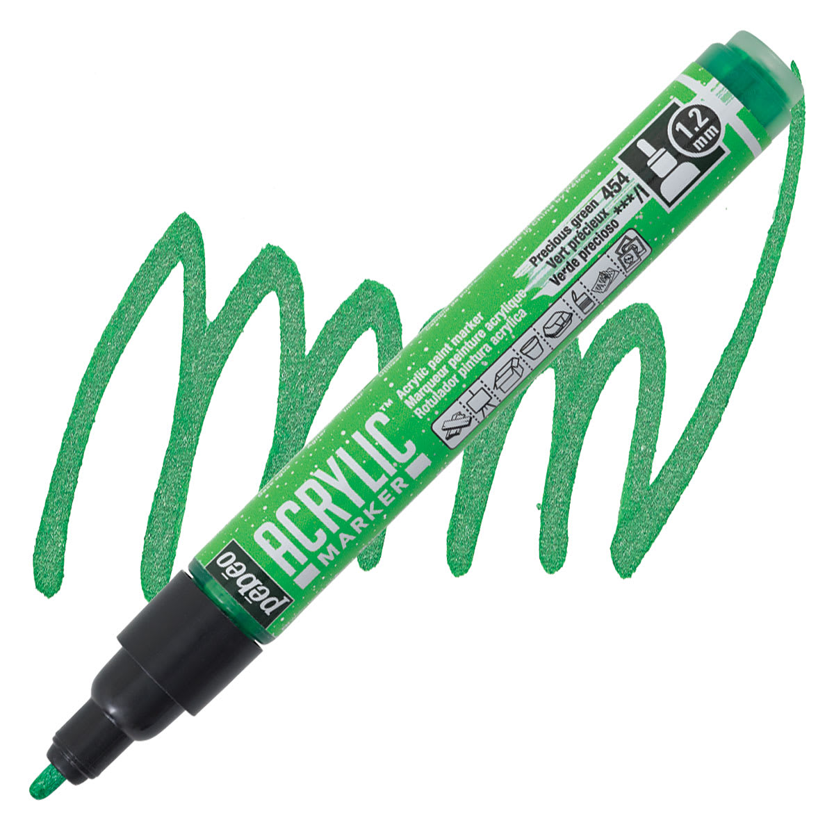 Pebeo Acrylic Marker - Precious Green, 1.2 mm bullet nib marker and swatch