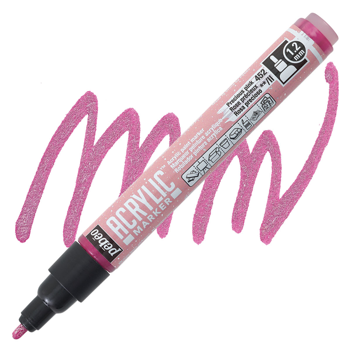 Pebeo Acrylic Marker - Precious Pink, 1.2 mm bullet nib marker and swatch