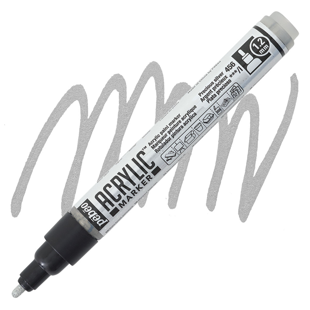 Pebeo Acrylic Marker - Precious Silver, 1.2 Bullet Nib marker and swatch