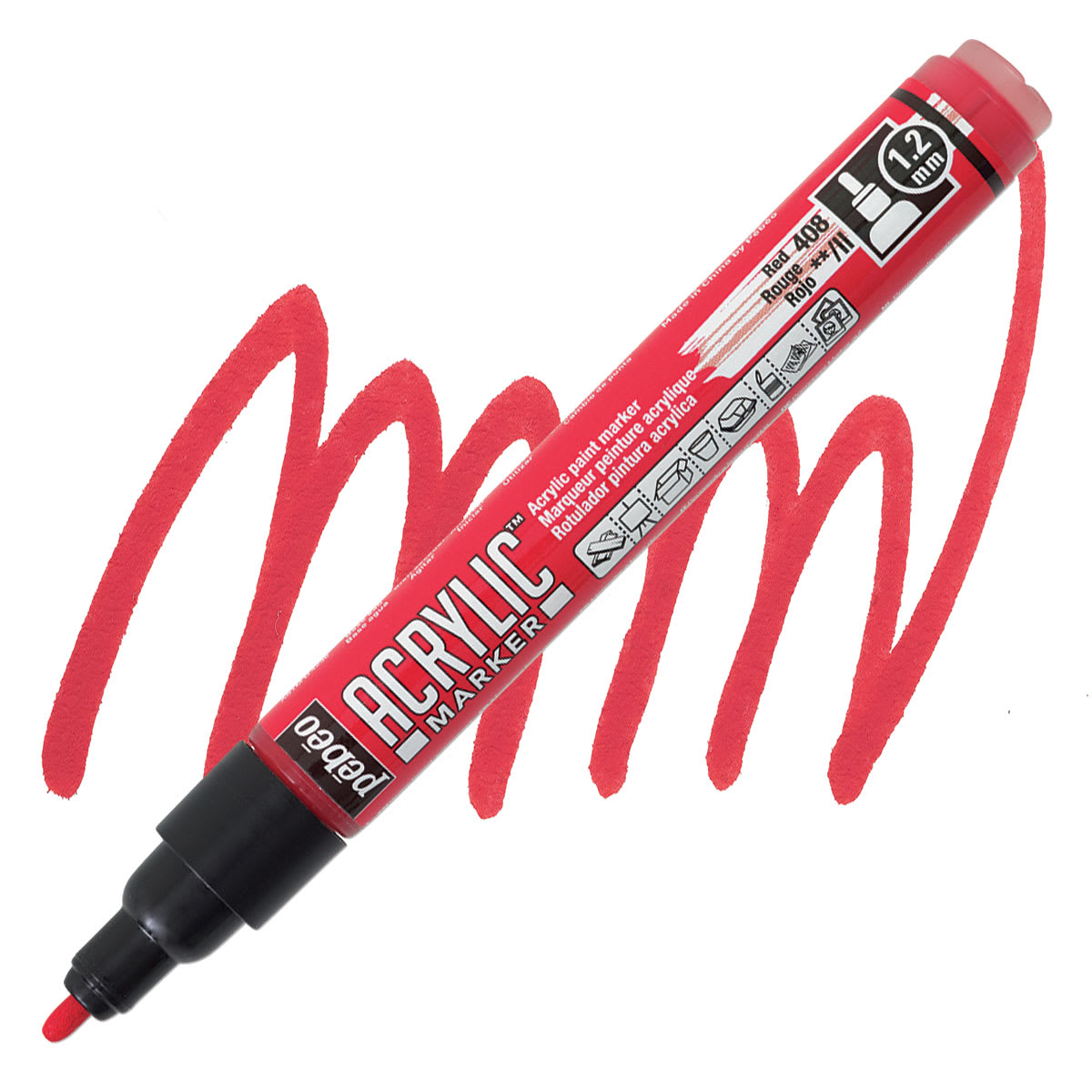 Pebeo Acrylic Marker - Red, 1.2 mm, Bullet Nib marker and swatch