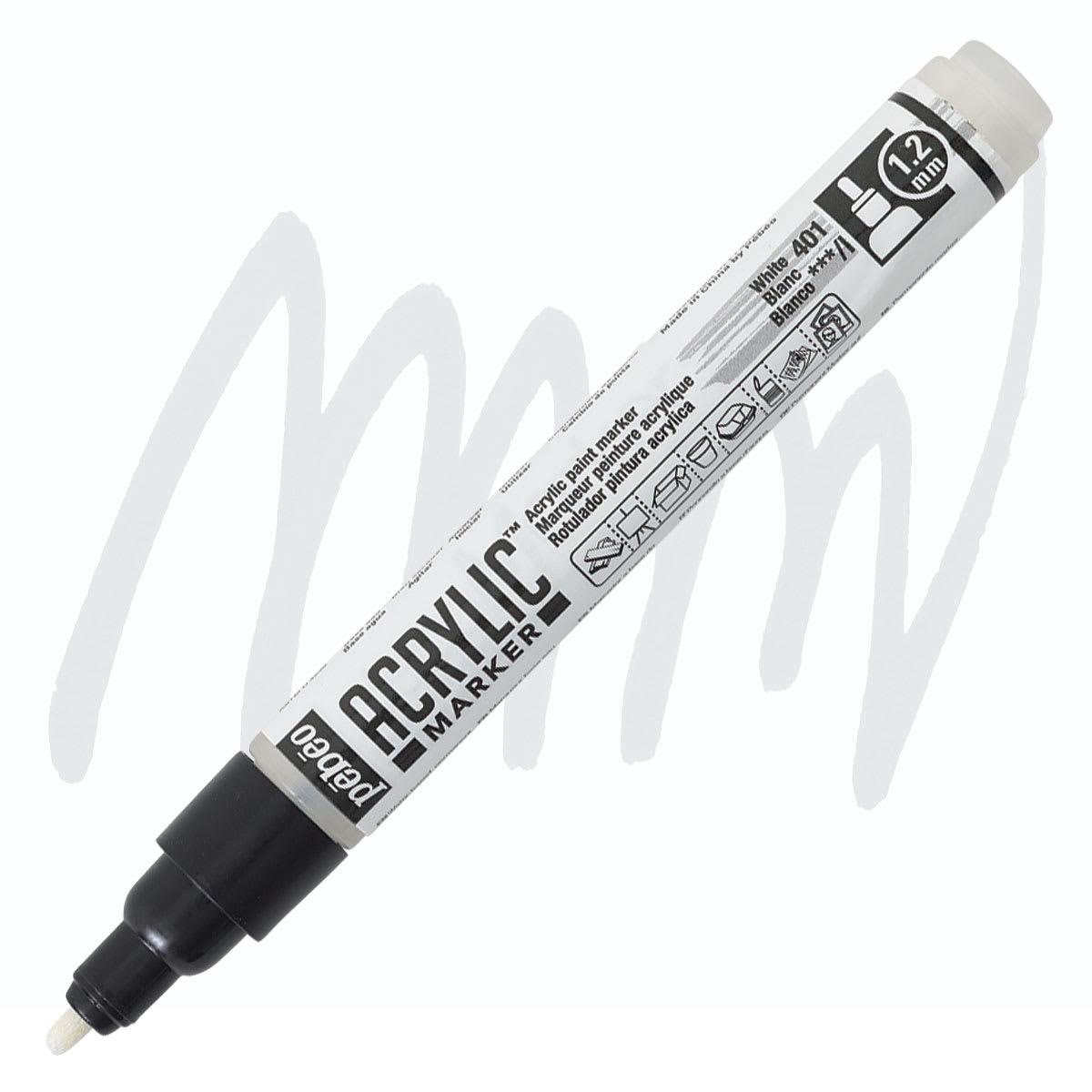 Pebeo Acrylic Marker - White, 1.2 mm, Bullet Nib marker and swatch