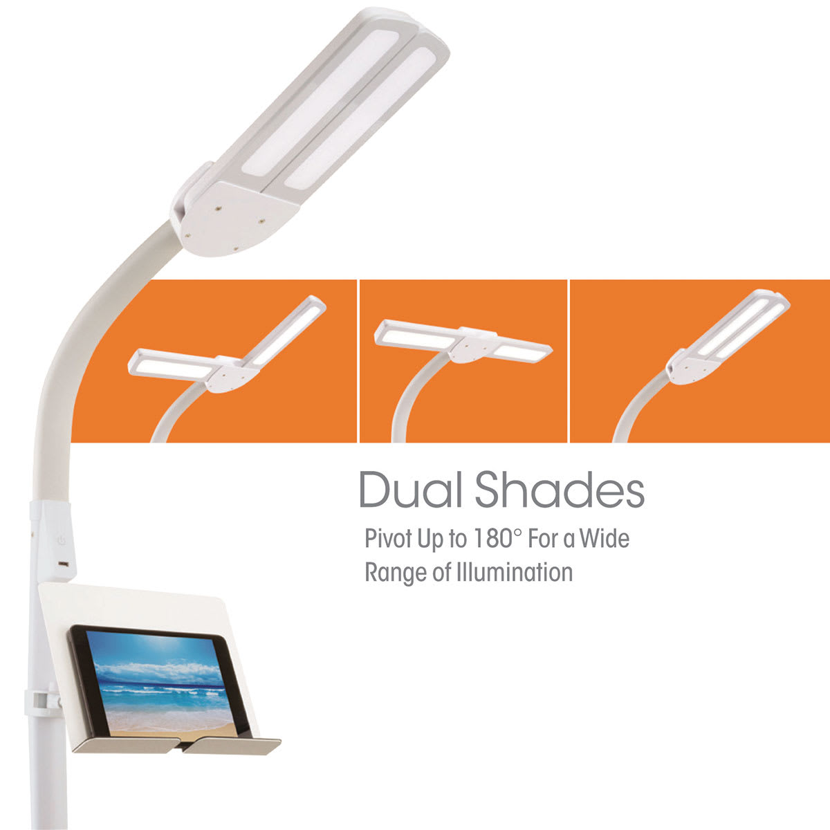 OttLite Dual Shade LED Floor Lamp - Closeup of Shades with inset showing Dual pivoting heads