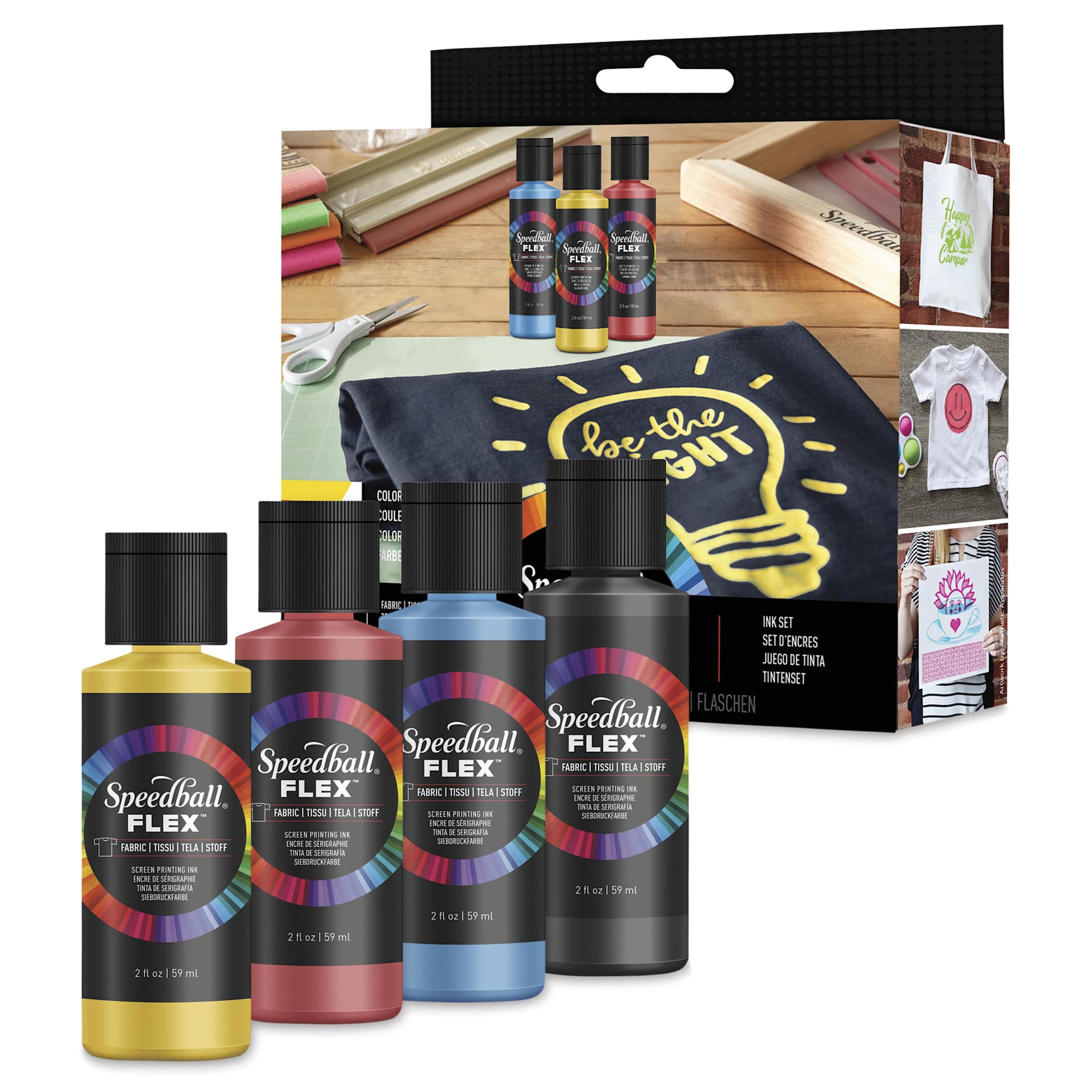 Speedball Flex Screen Printing Fabric Inks - Set of 4, 2 oz bottles in front of packaging