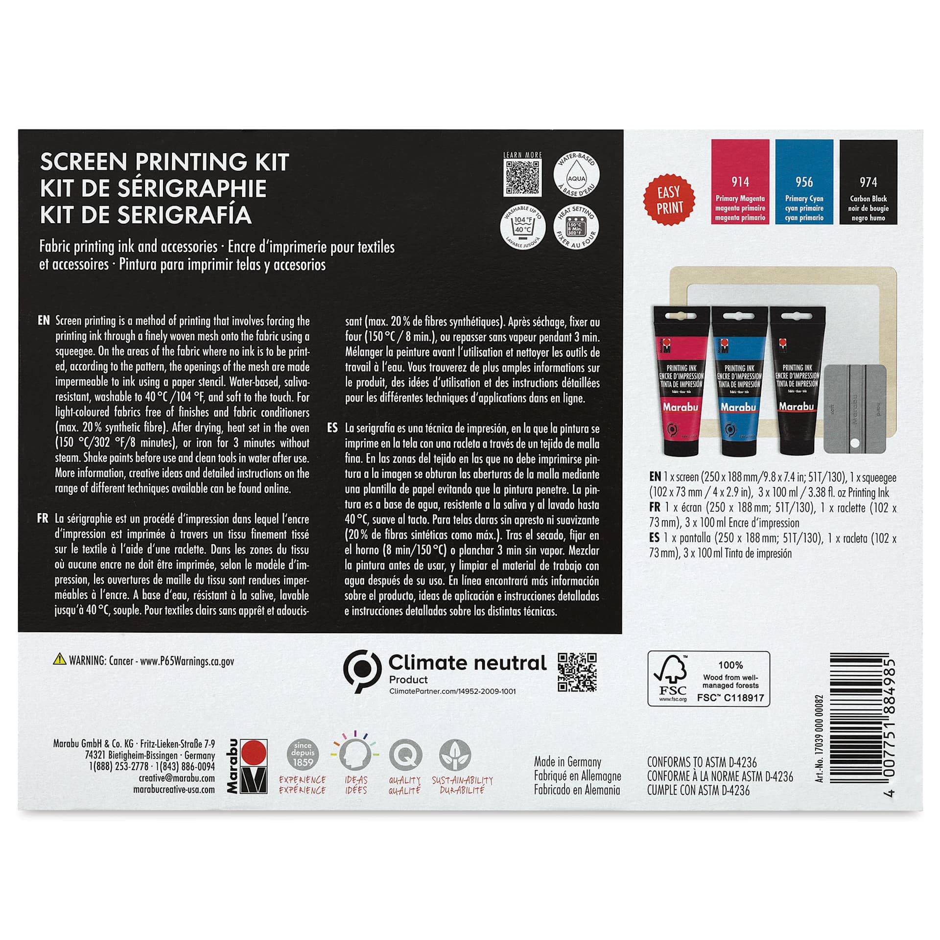 Marabu Screen Printing Kit (Back of package)