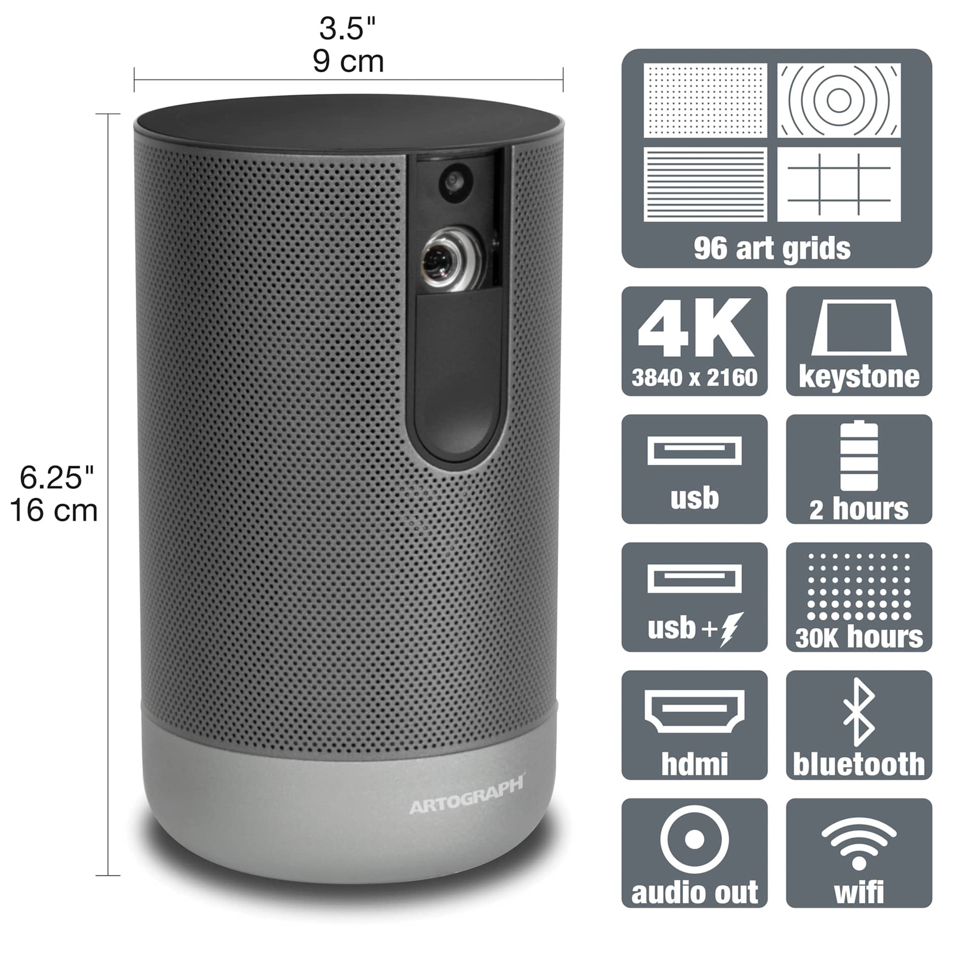 Artograph Inspire 1500 Smart Digital Art Projector - dimensions and features diagram