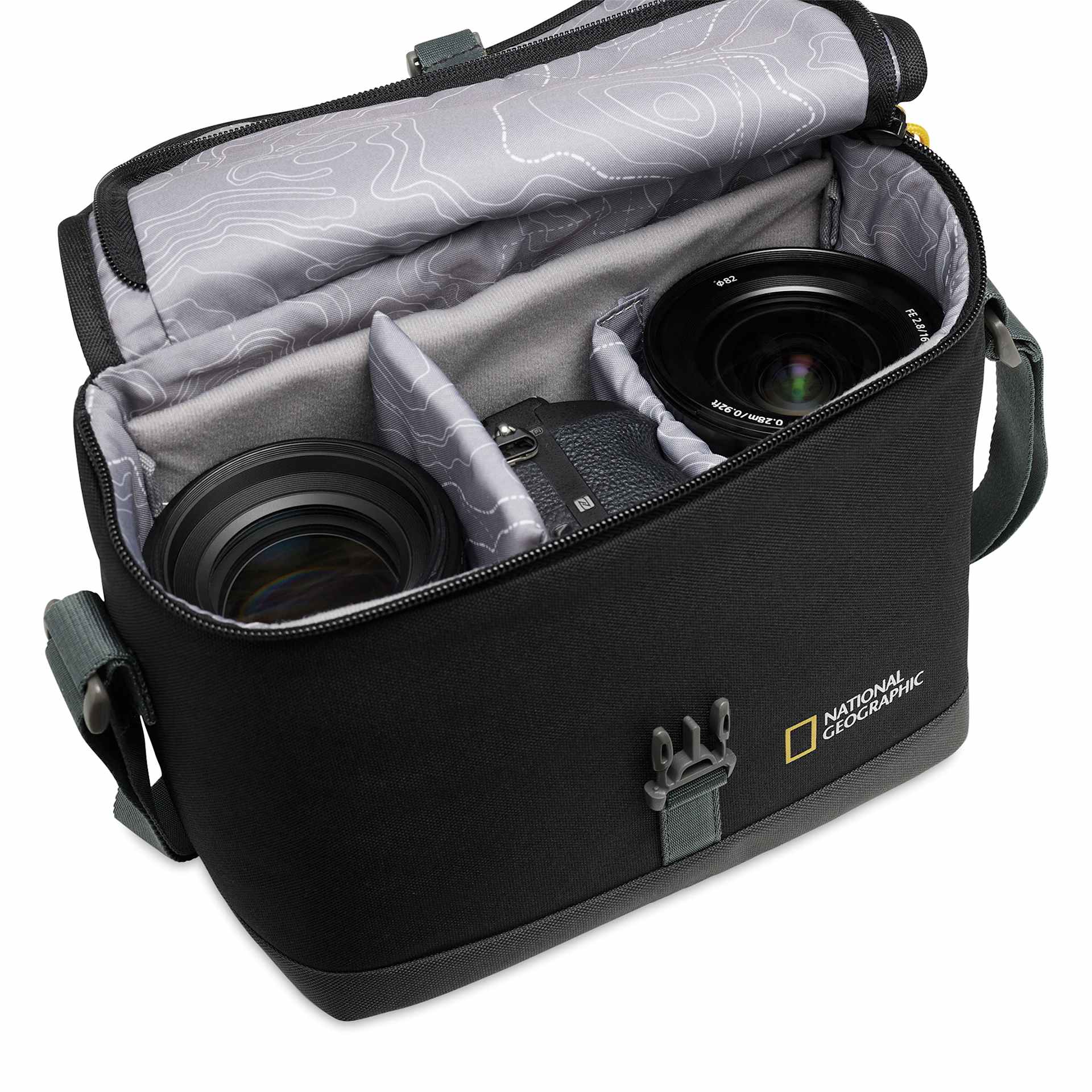 National Geographic Shoulder Bag - Medium, top open looking at the inside of the bag