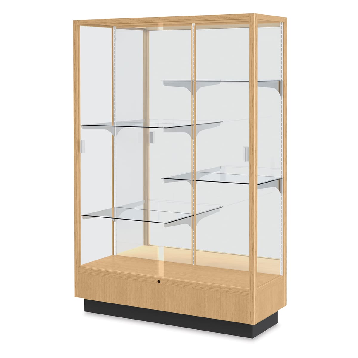 Waddell Autumn Oak Frame Floor Case - right angle shows 4 half-shelves, sliding doors and cornice