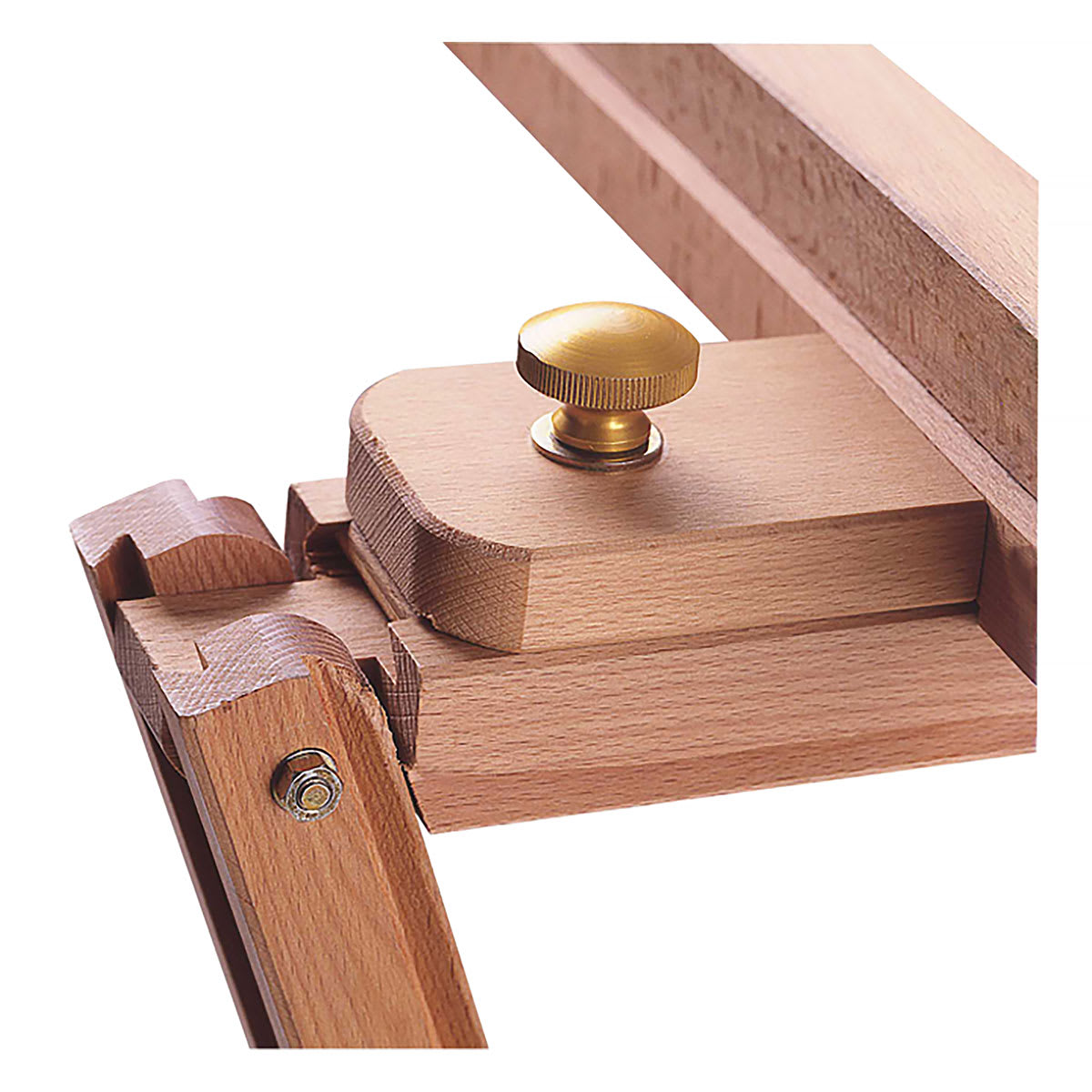 Mabef Lyre Convertible Easel - Closeup showing beechwood and brass fittings
