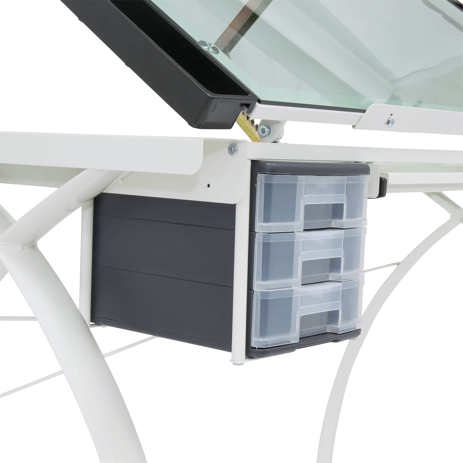 Studio Designs Futura Craft Station - Ivory Frame/Sea Green Glass, close-up of the drawers