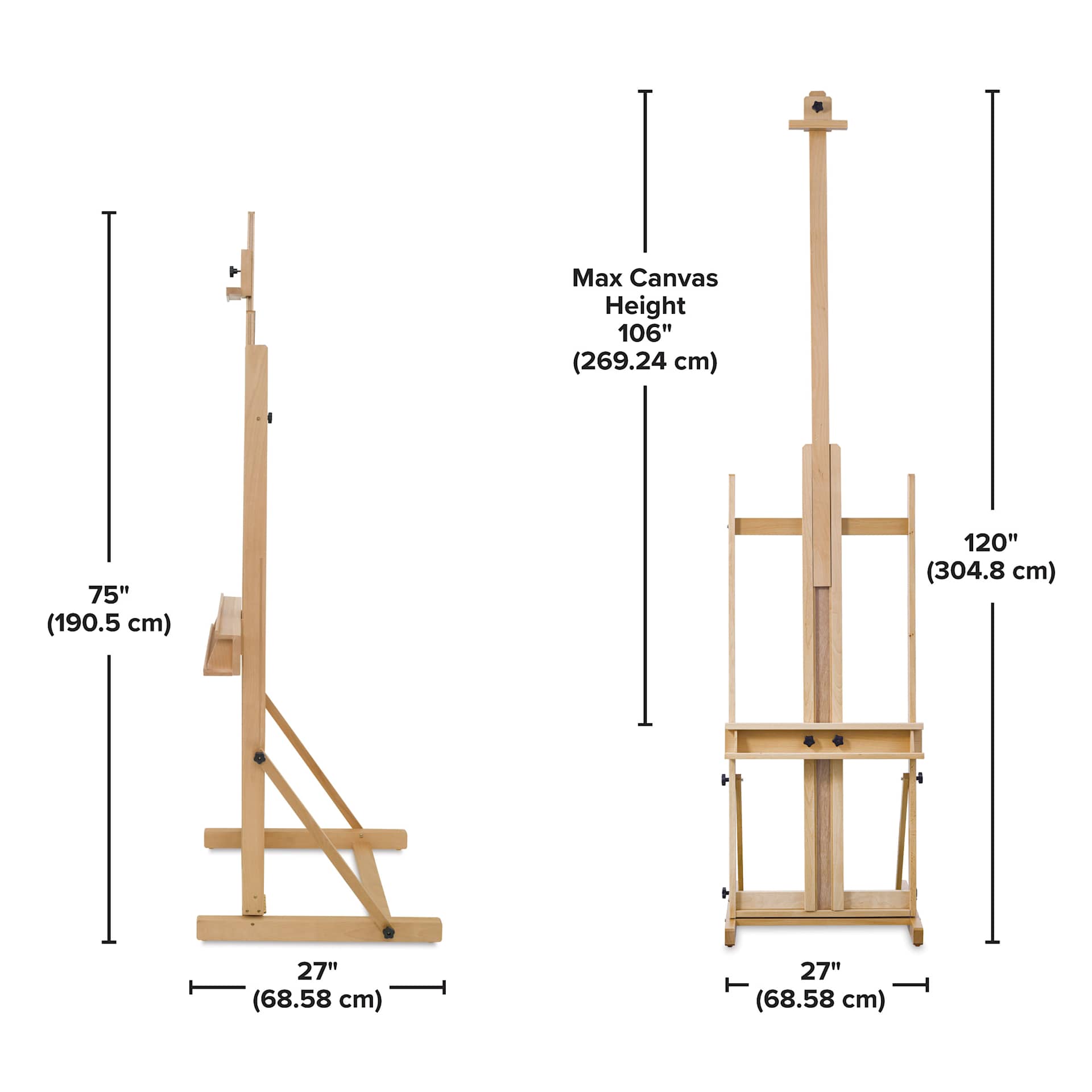 Minimum height 75” (190.5 cm). Maximum height 120” (304.8). Length 27” (68.58 cm). Depth 27” (68.58 cm). Holds maximum canvas height 106” (269.24 cm)