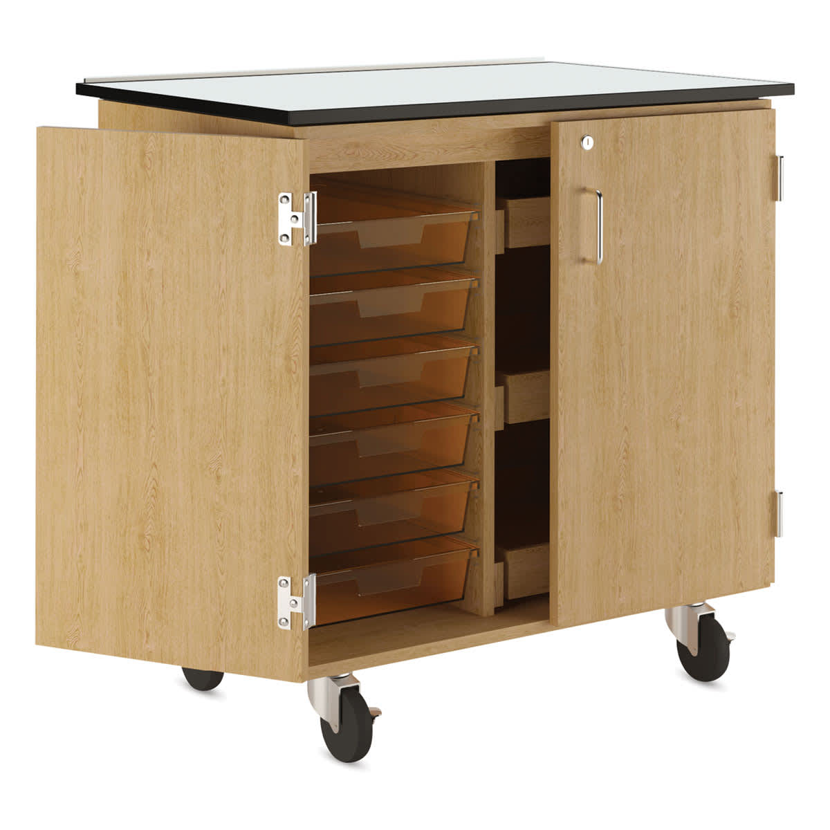 Diversified Spaces Write-n-Roll Cabinet - Oak/Carrot (Side view, Cabinet open)