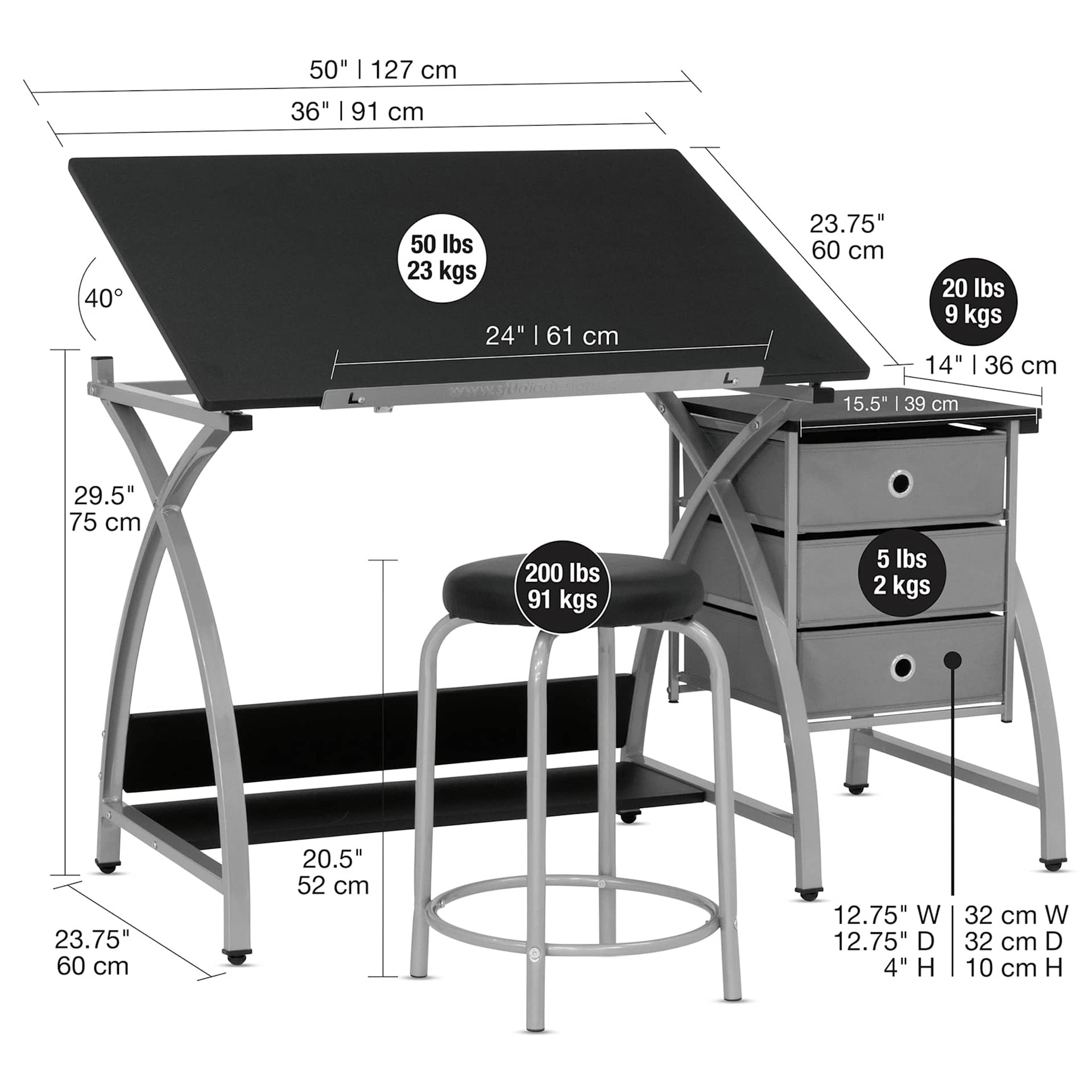 Studio Designs Comet Center - Black and Silver, Table and Stool (table and stool with dimensions)