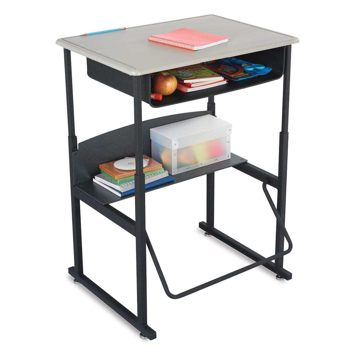Safco AlphaBetter Stand-Up Desks- Accessorized desk showing Beige Top with Book Box Storage below