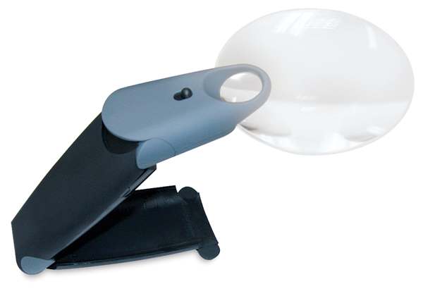 FreeHand Lighted Magnifier - Angled view of Magnifier set up on stand