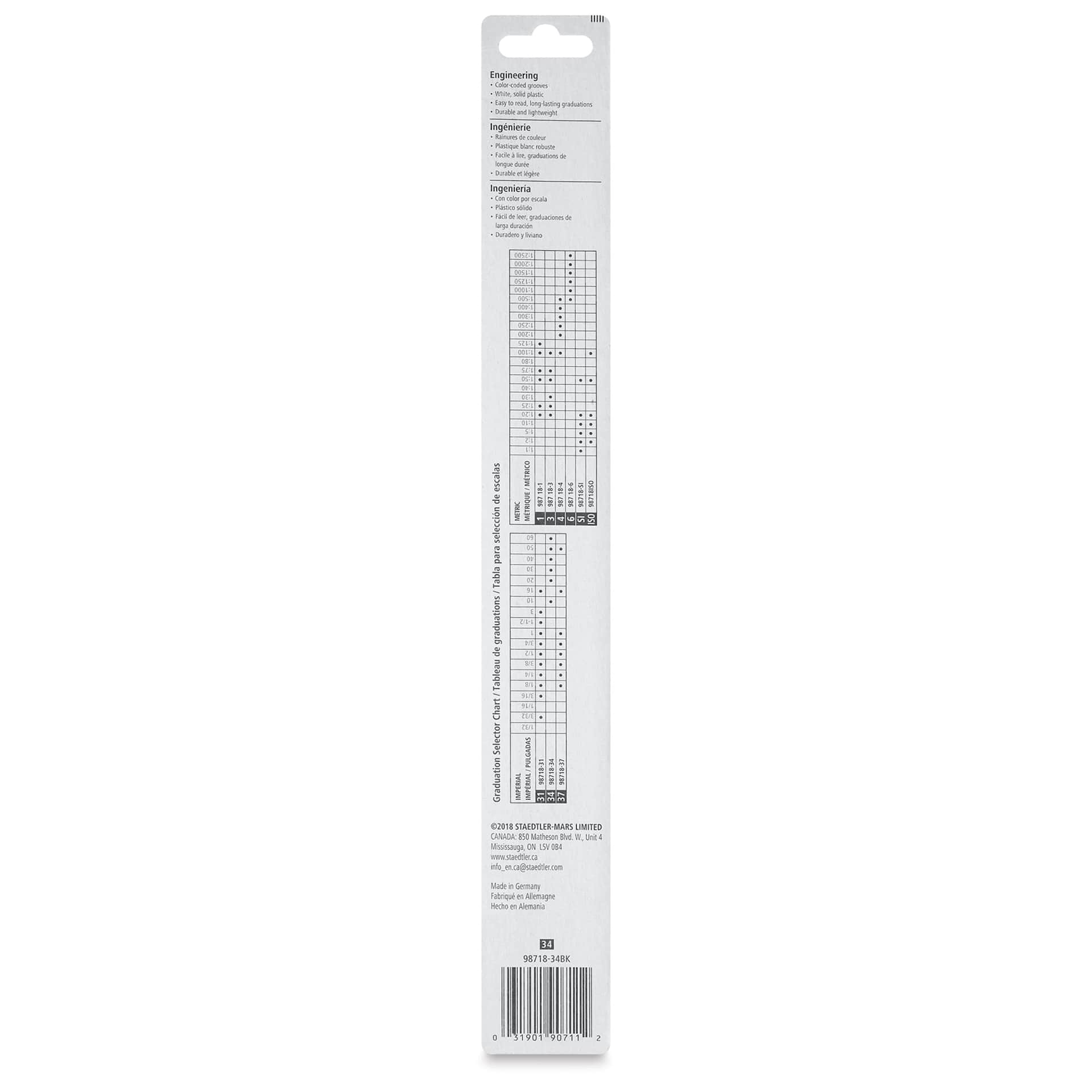 Staedtler Triangular Scale - 12", Engineer with Color-Coded Grooves (back of packaging)