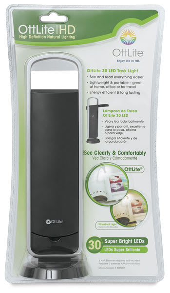 OttLite LED Task Light - Front of blister package showing black light