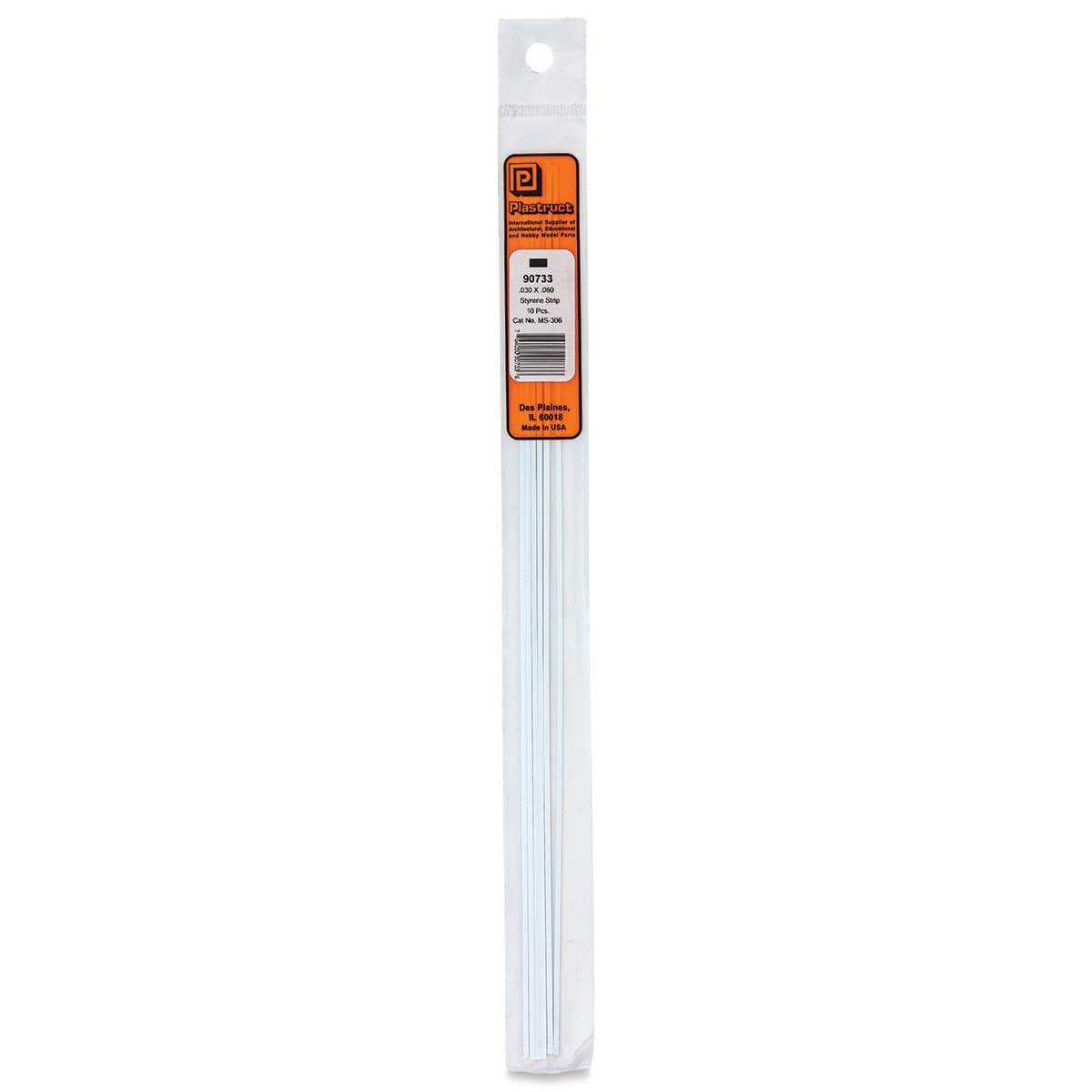 Plastruct Plastic Strip - Pkg of 10, 0.03" H × 0.06" W × 10" L - front of packaging
