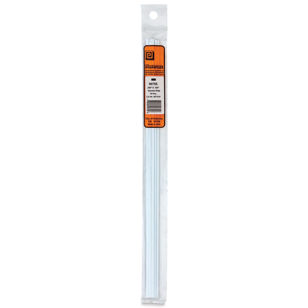 Plastruct Plastic Strip - Pkg of 10, 0.06" H × 0.1" W × 10" L - front of packaging