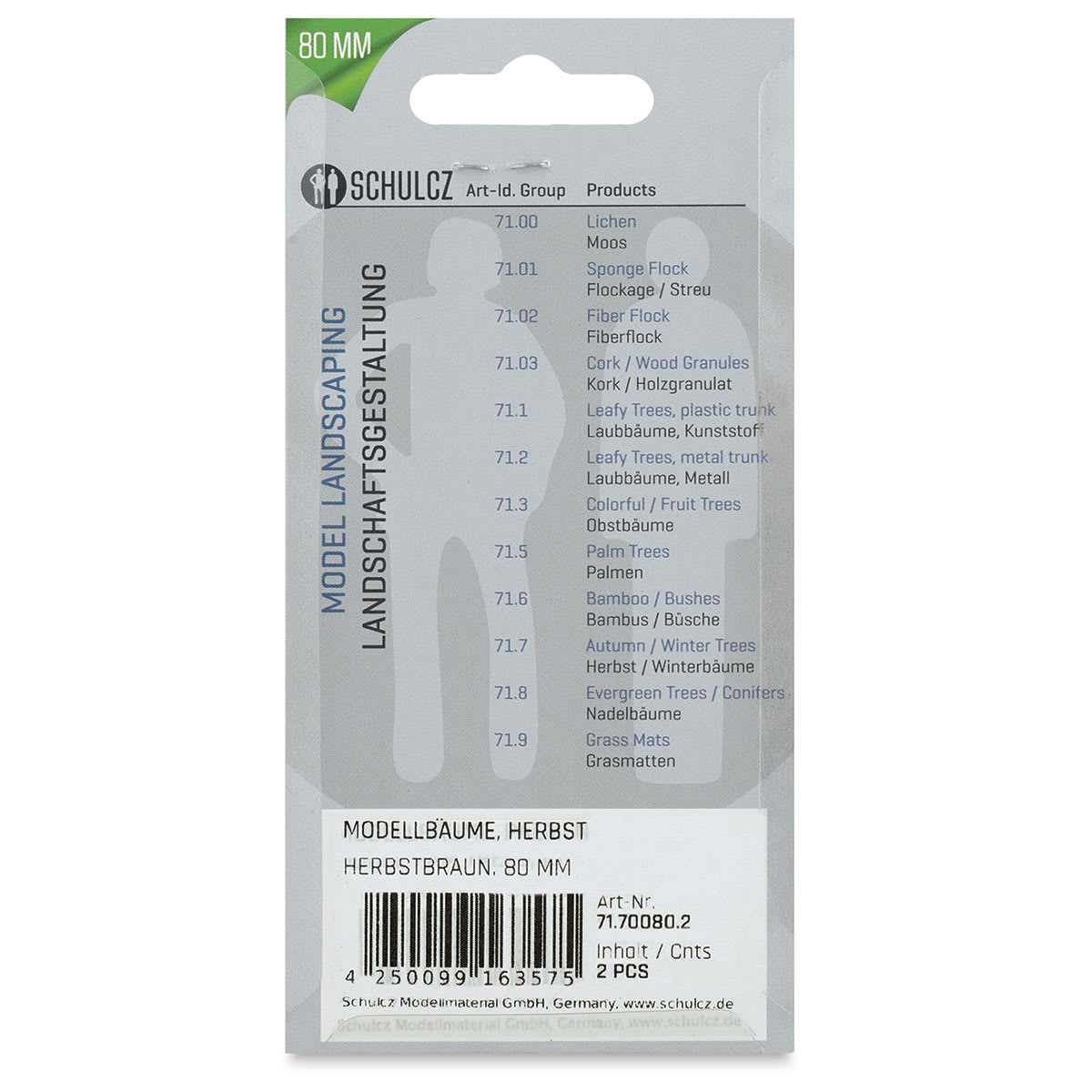 Schulcz Scale Model Trees - Leafy Tree, Metal Trunk, 80 mm, Pkg of 2 (back of package)