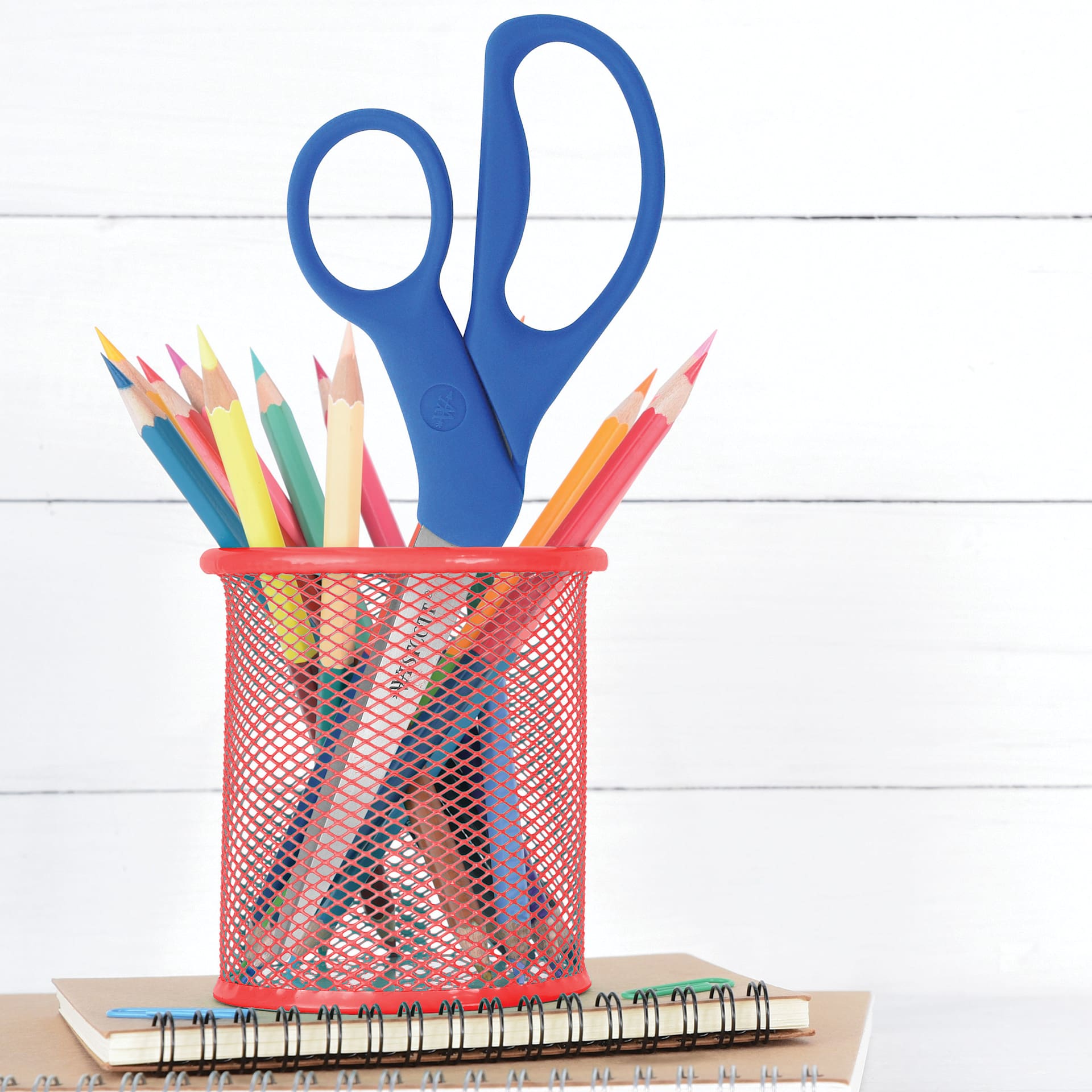 Westcott Preferred Line Scissor - 8", Blue, Bent, in organizer cup on desk