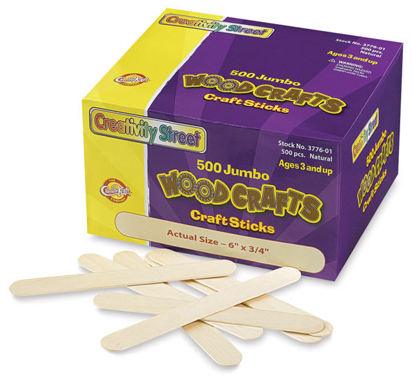 Jumbo Craft Sticks - Front of 500 Natural Craft Stick package shown with assorted sticks in front
