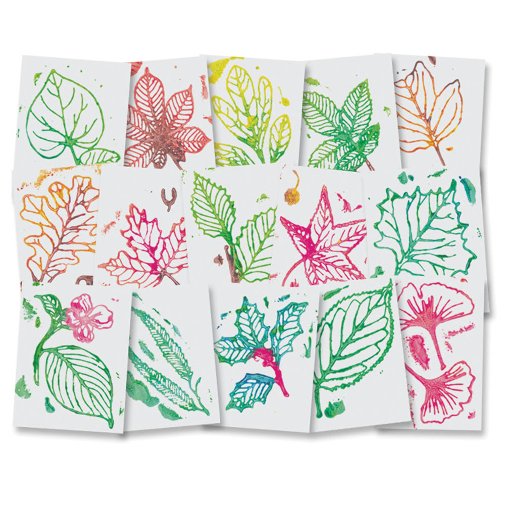 Roylco Rubbing Plates - Leaf, Set of 16, finished designs laid out