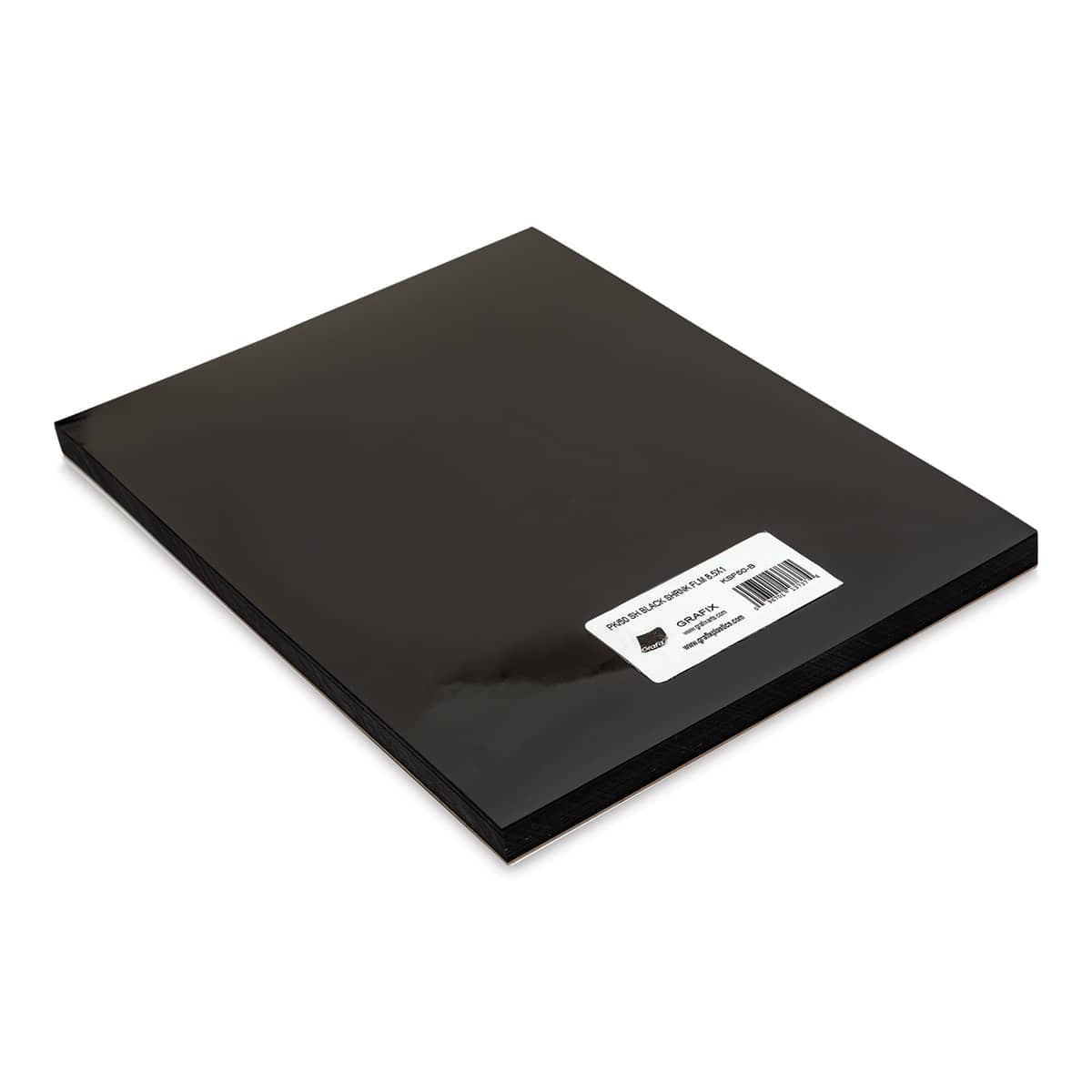 Grafix Shrink Film - 8.5" x 11", Shrink Film, Black, 50 Sheets front of packaging, angled view