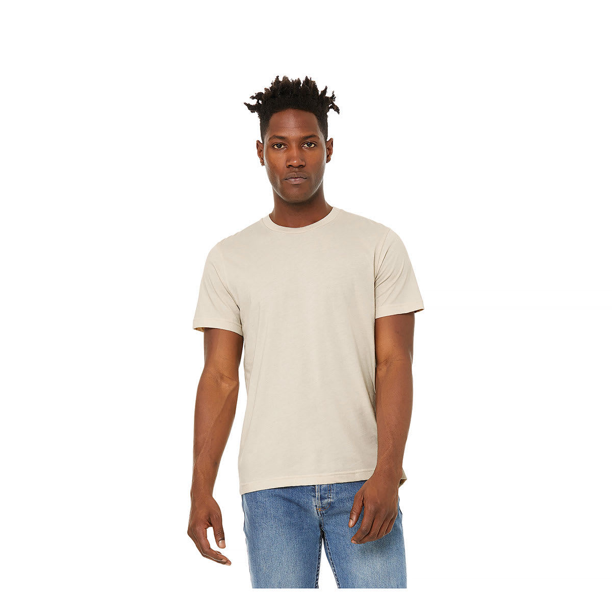 Bella Canvas Unisex T-shirts - Model wearing Dust Heather color T-shirt