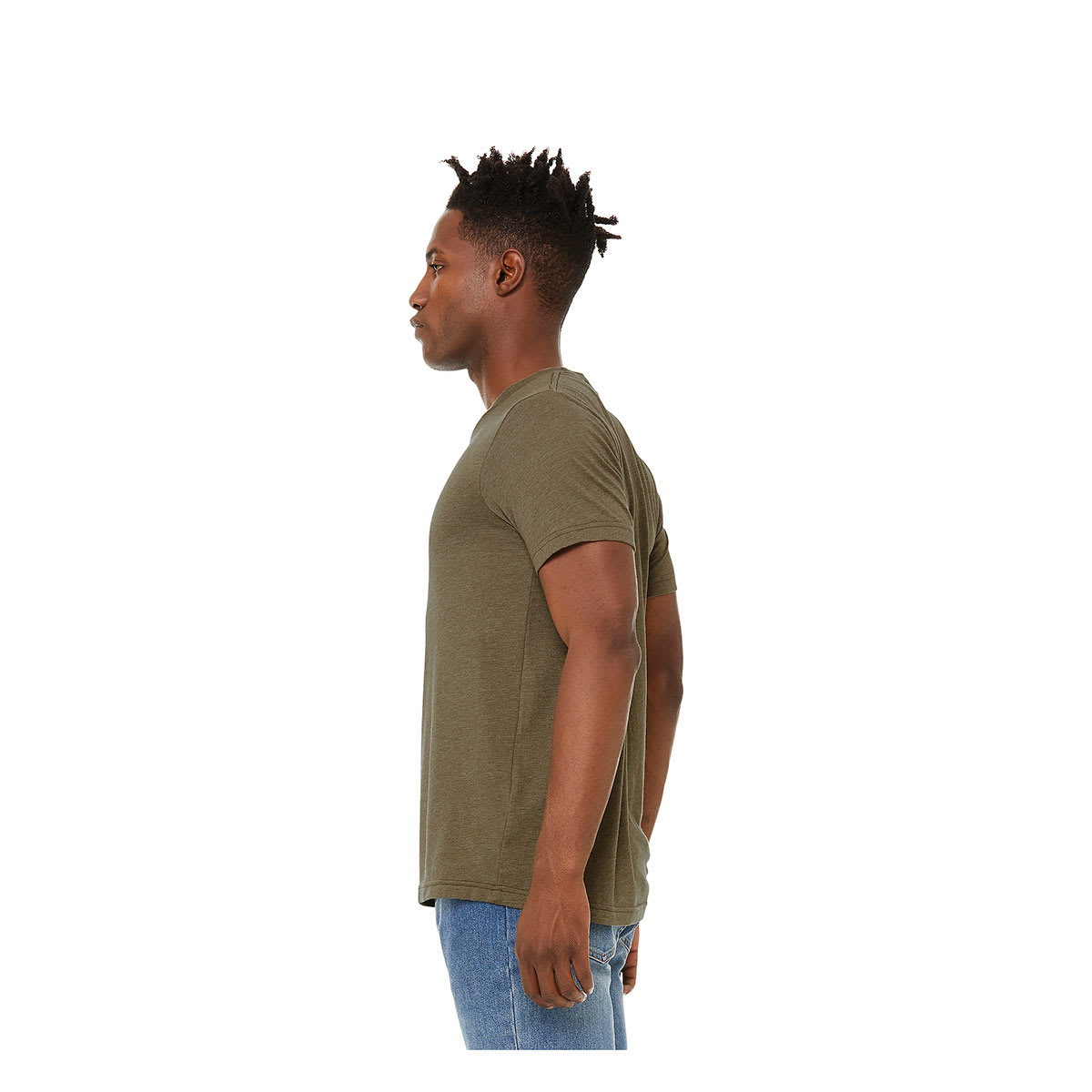 Bella Canvas Unisex T-shirt - Olive Heather, Medium - on person, side