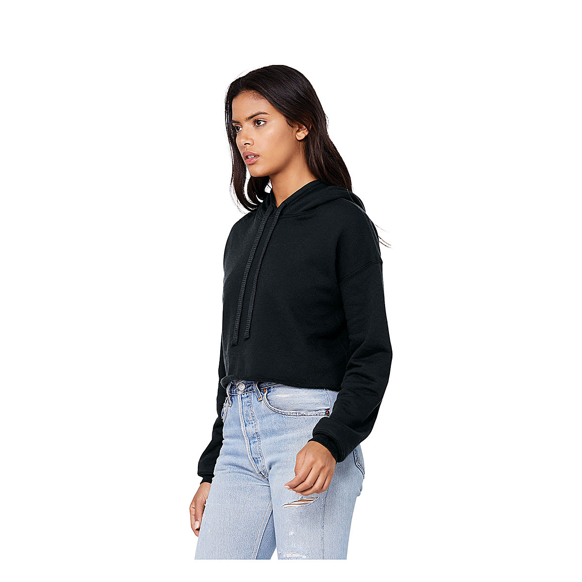 Bella + Canvas Cropped Fleece Hoodie - Black, Size Medium - on person, angled