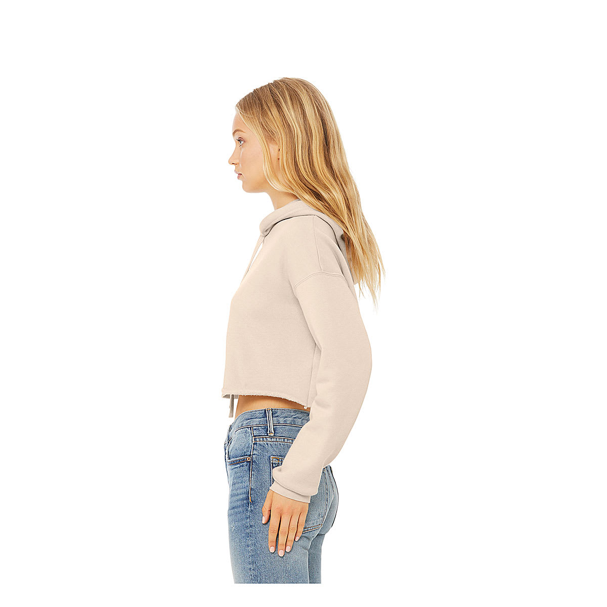 Bella + Canvas Cropped Fleece Hoodie - Heather Dust, Size Medium, model wearing fleece hoodie