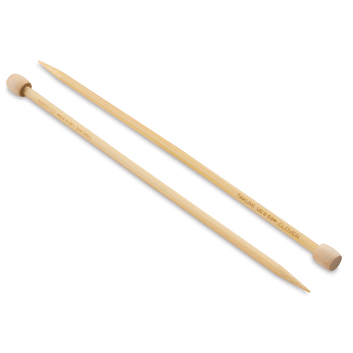 Clover Takumi Bamboo Straight Knitting Needles - 2 Bamboo Needles shown at angle

