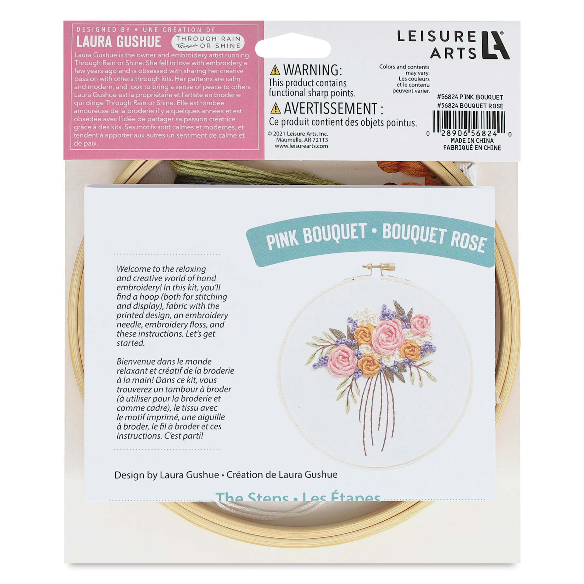 Leisure Arts Embroidery Kit - Pink Bouquet, 6", back of the packaging