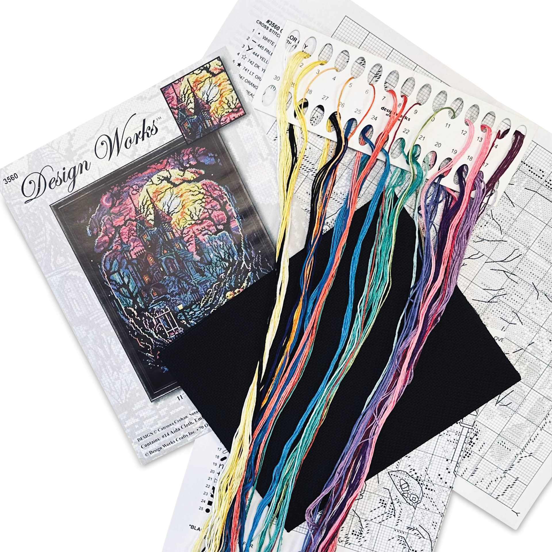 Design Works Counted Cross Stitch Kit - Haunted House, 11" x 14" - contents